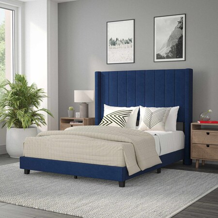 Navy Velvet Full Platform Bed With Headboard